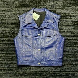 Vintage Size XS/S Blue Leather Sleeveless Biker Vest